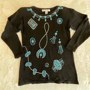 VTG Victoria Jones Silver and Turquoise Beaded Black Sweater Women’s Size PM